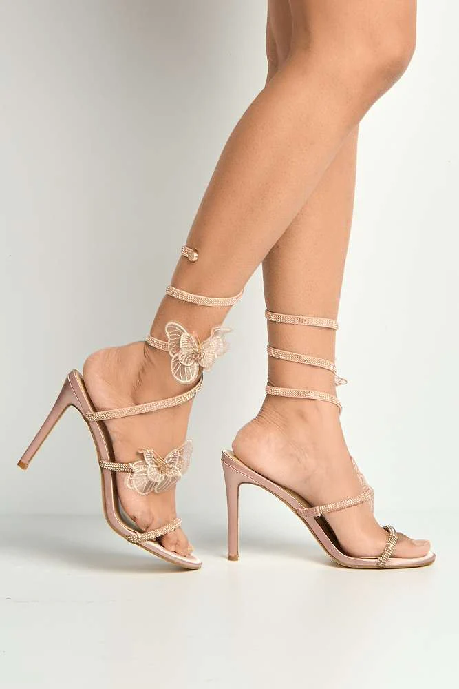 Loreli Flower Detail Diamante Heeled Sandals in Champagne - Image 3
