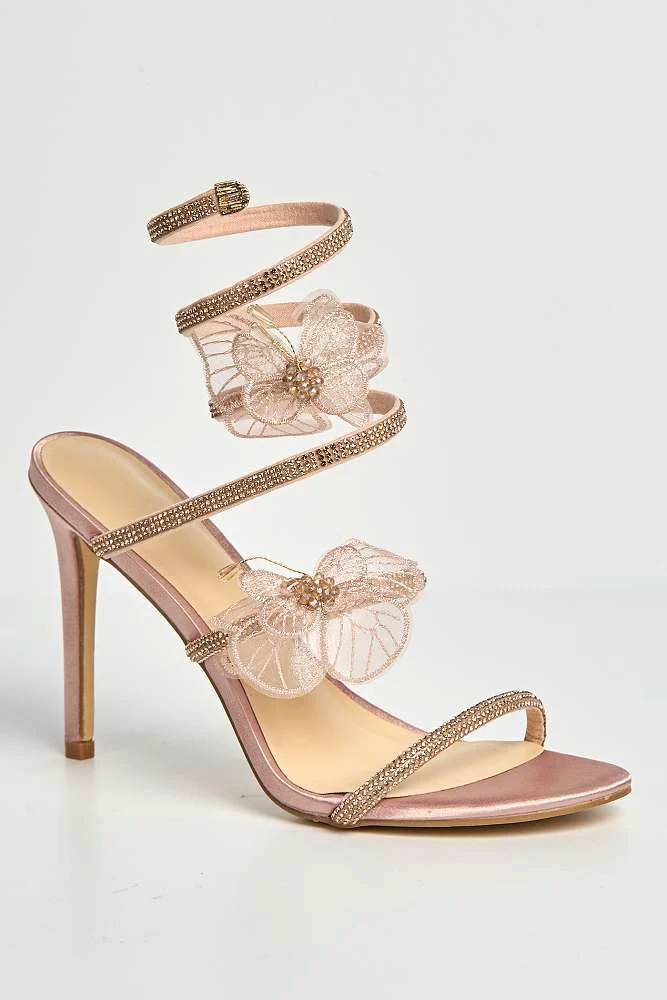 Loreli Flower Detail Diamante Heeled Sandals in Champagne - Image 4