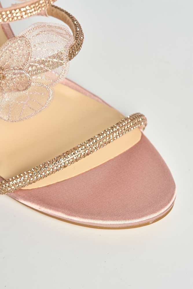 Loreli Flower Detail Diamante Heeled Sandals in Champagne - Image 5