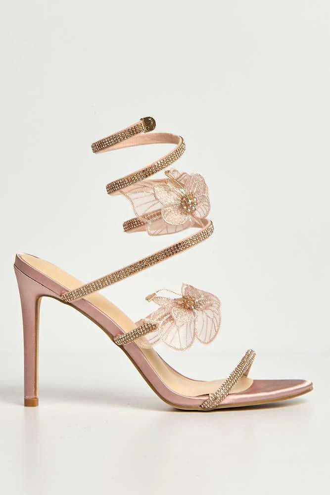 Loreli Flower Detail Diamante Heeled Sandals in Champagne - Image 6