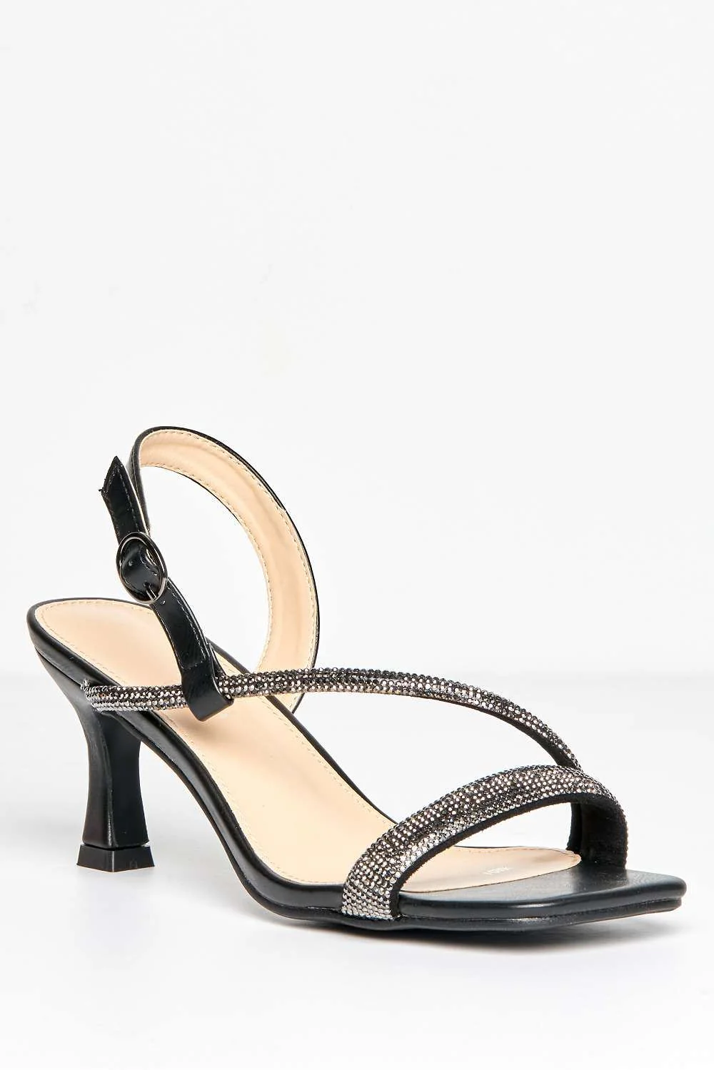 Lorenza Diamante Embellished Square Toe Heeled Sandals in Black - Image 3