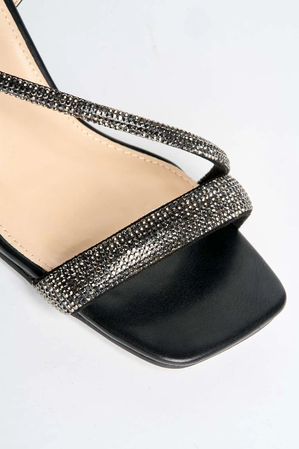 Lorenza Diamante Embellished Square Toe Heeled Sandals in Black - Image 5