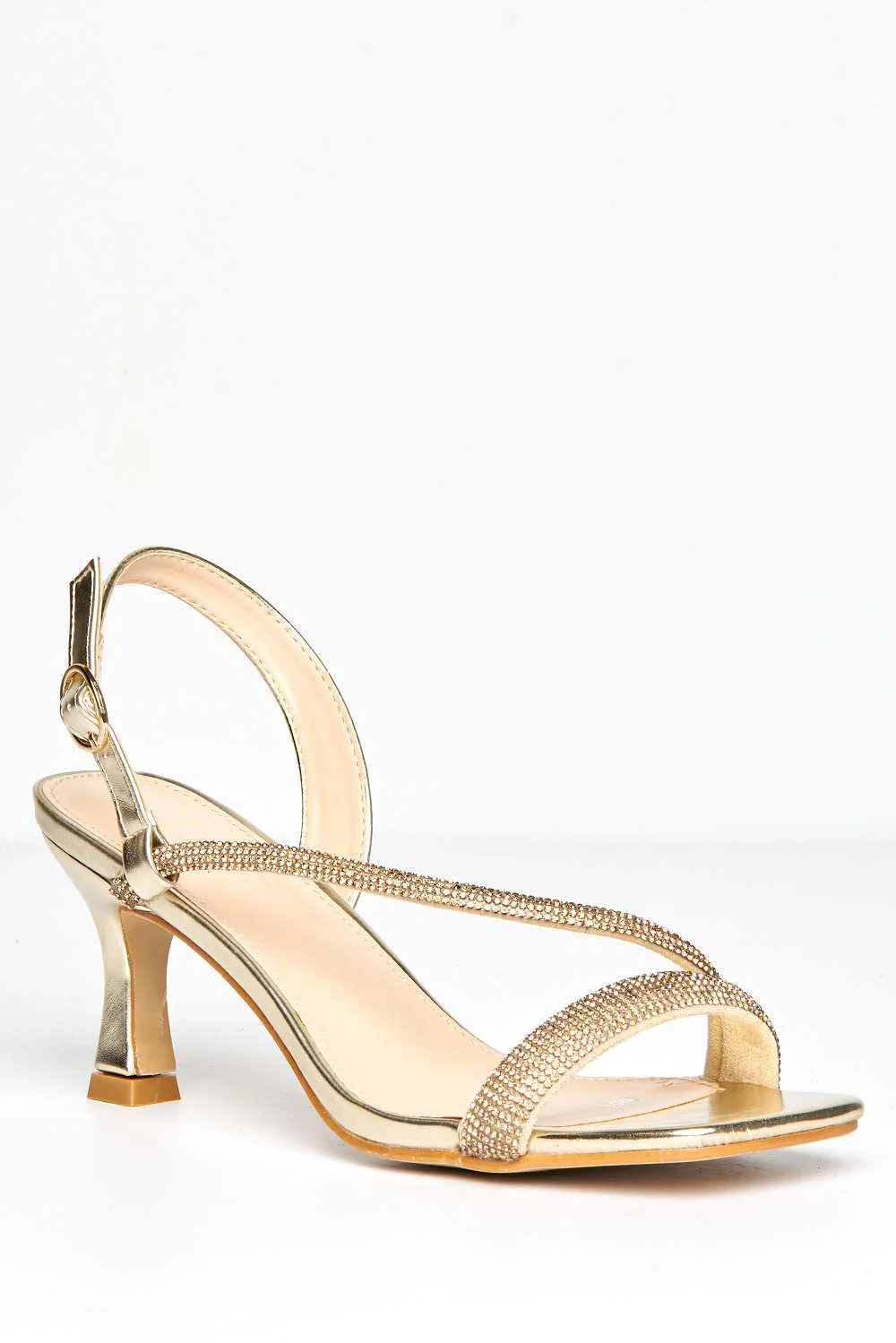 Lorenza Diamante Embellished Square Toe Heeled Sandals in Gold - Image 3