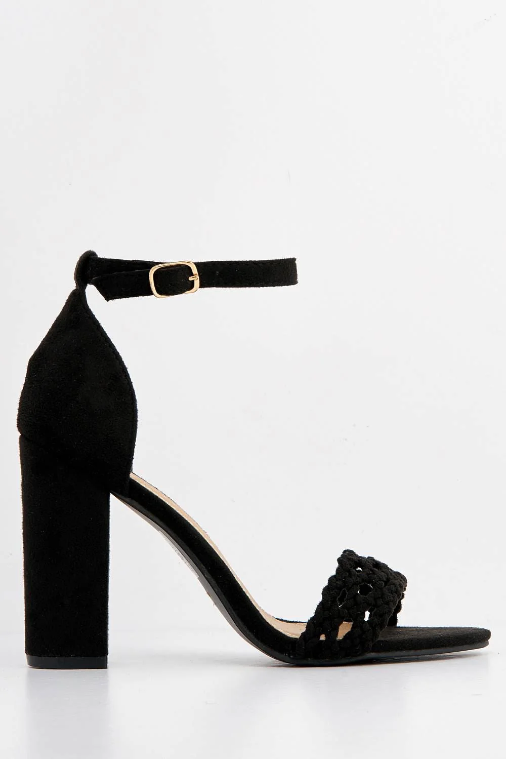 Loretta Plaited Band Ankle Strap Heeled Sandals in Black Suede - Image 4