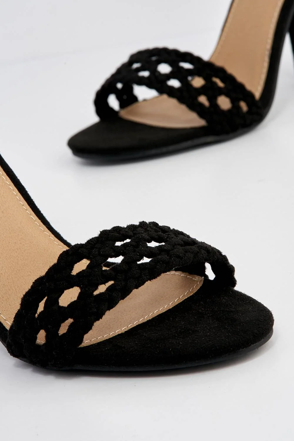 Loretta Plaited Band Ankle Strap Heeled Sandals in Black Suede - Image 5