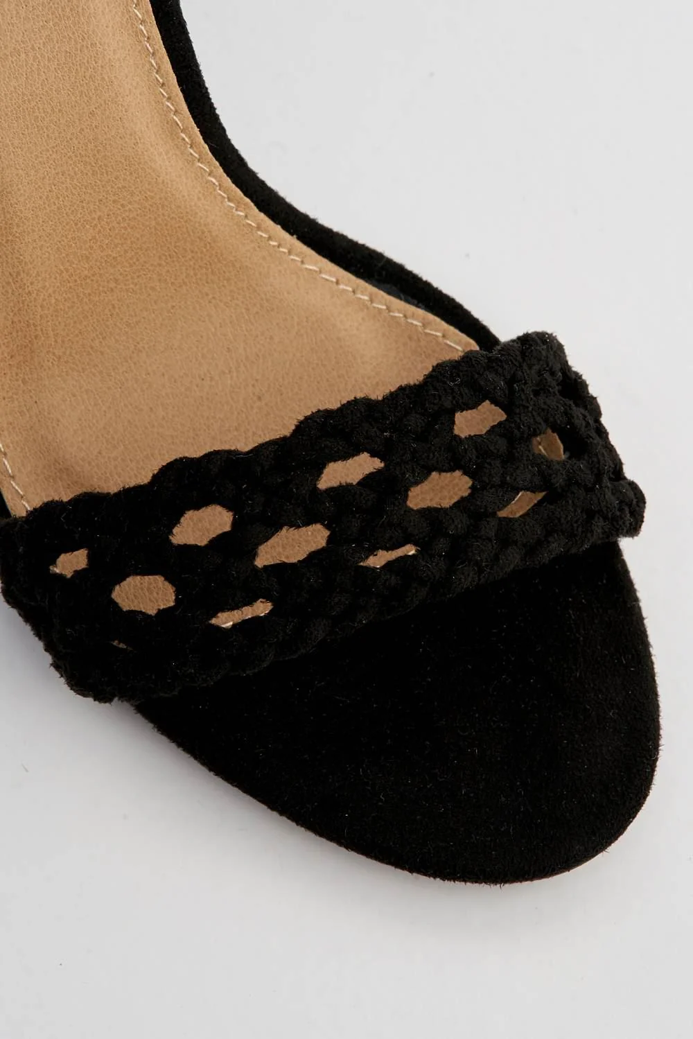 Loretta Plaited Band Ankle Strap Heeled Sandals in Black Suede - Image 6