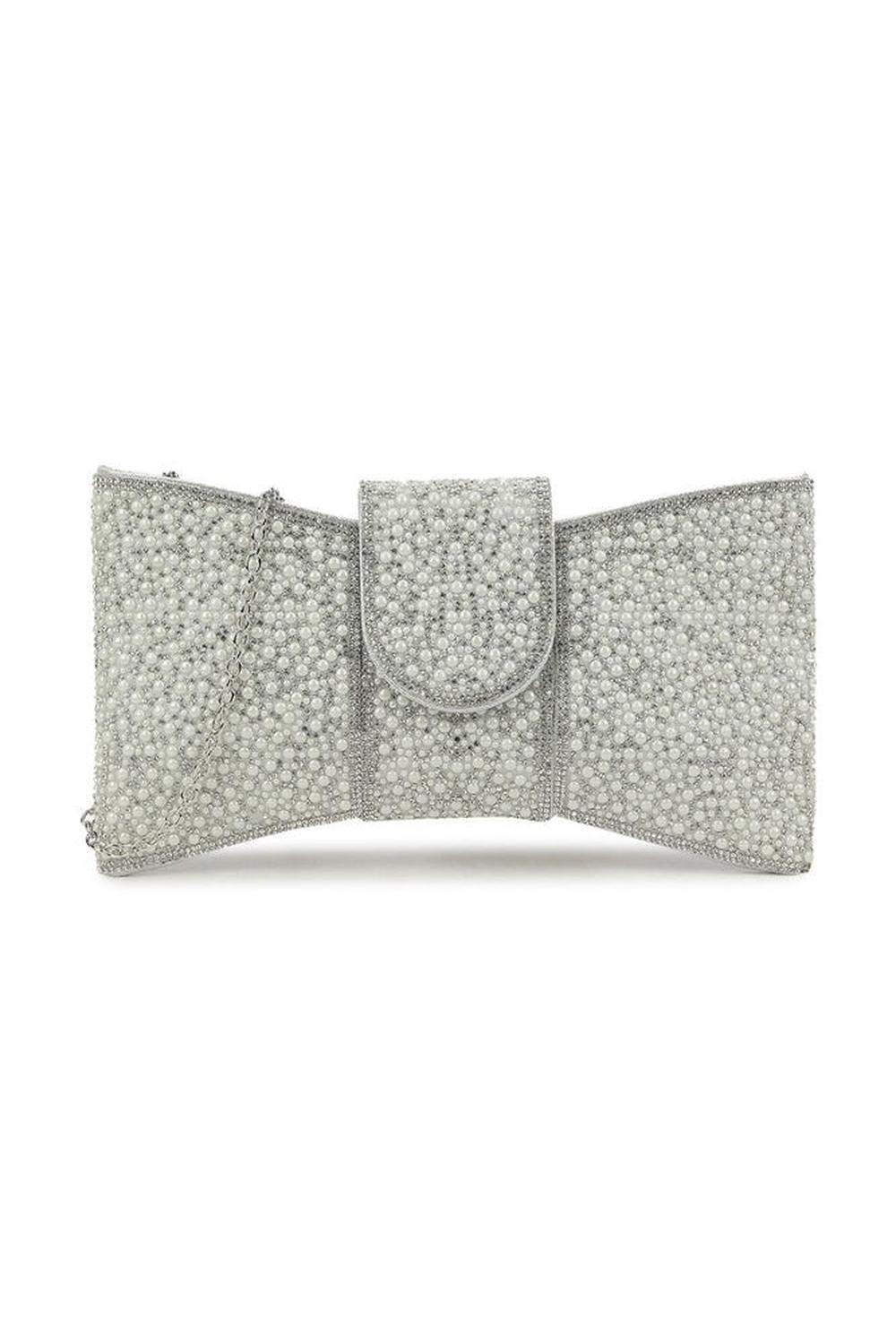 Lucille Diamante Encrusted Bow Envelope Clutch Bag in Silver
