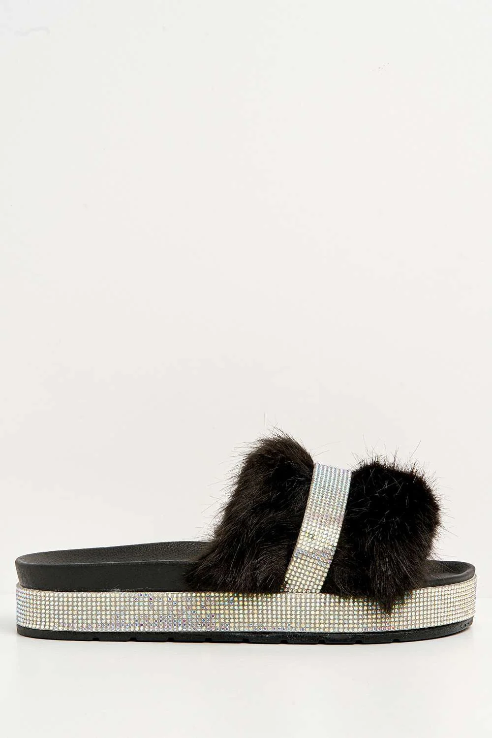 Lula Diamante Embellished Furry Band Rubber Sliders in Black - Image 4
