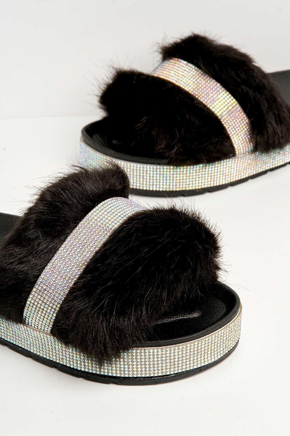 Lula Diamante Embellished Furry Band Rubber Sliders in Black - Image 5