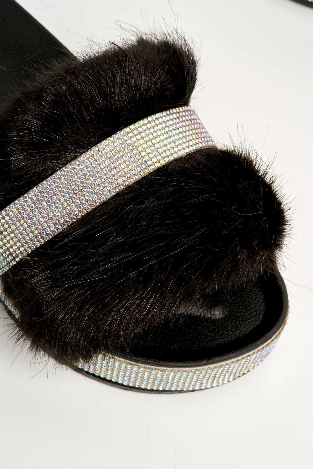 Lula Diamante Embellished Furry Band Rubber Sliders in Black - Image 6