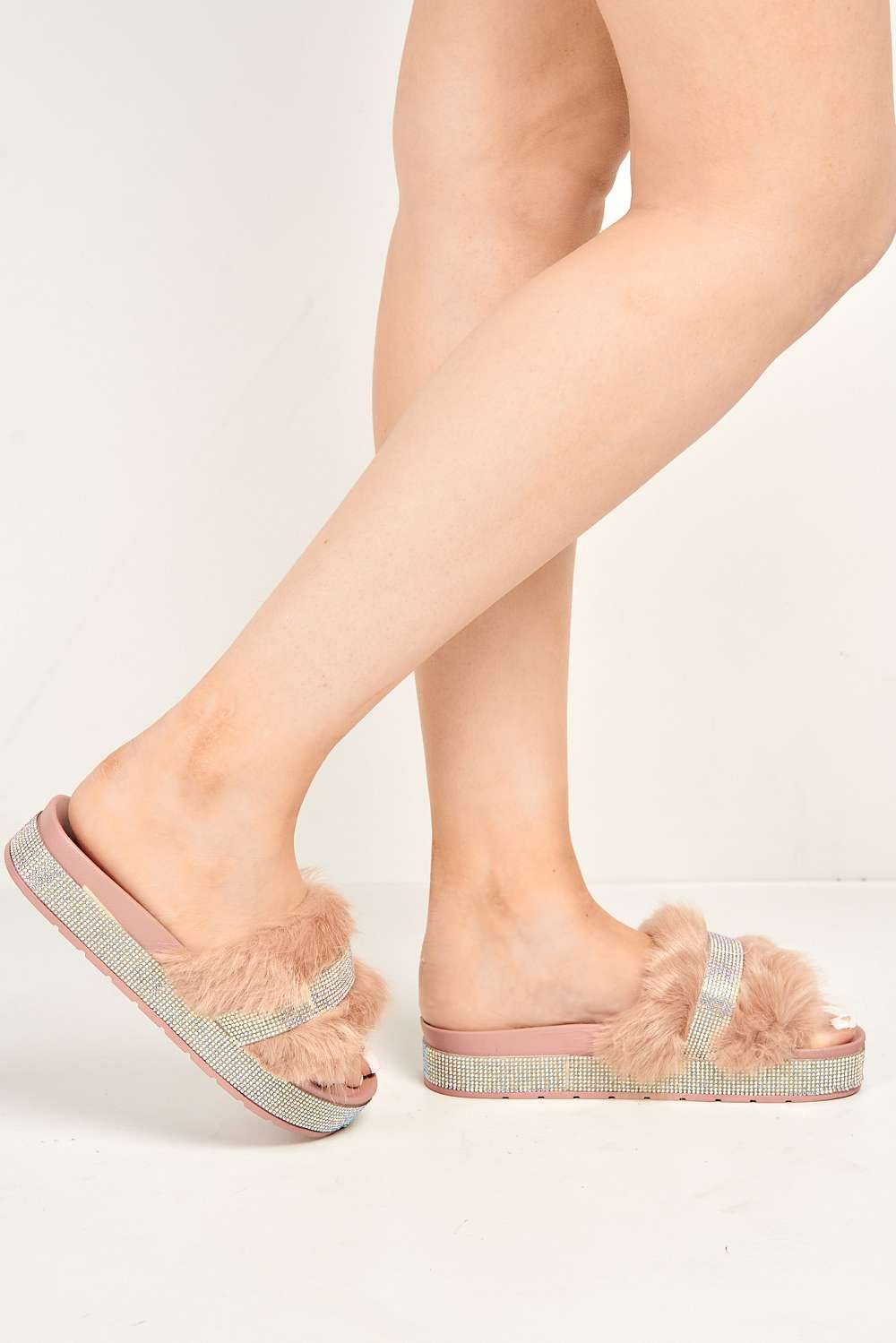 Lula Diamante Embellished Furry Band Rubber Sliders in Pink - Image 2