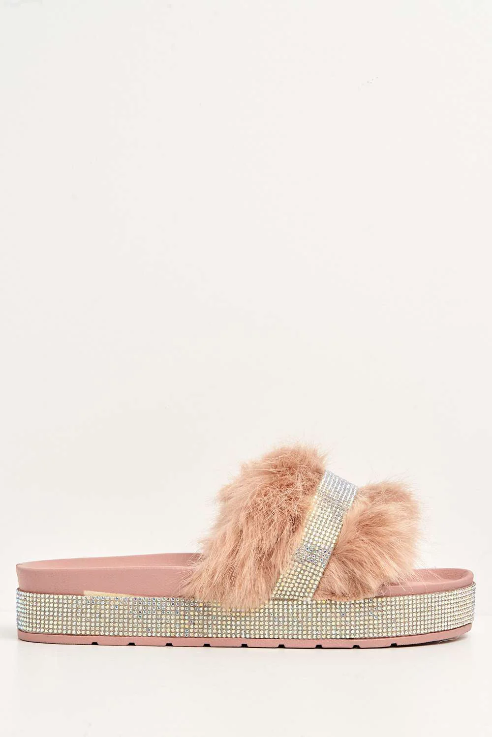 Lula Diamante Embellished Furry Band Rubber Sliders in Pink - Image 4