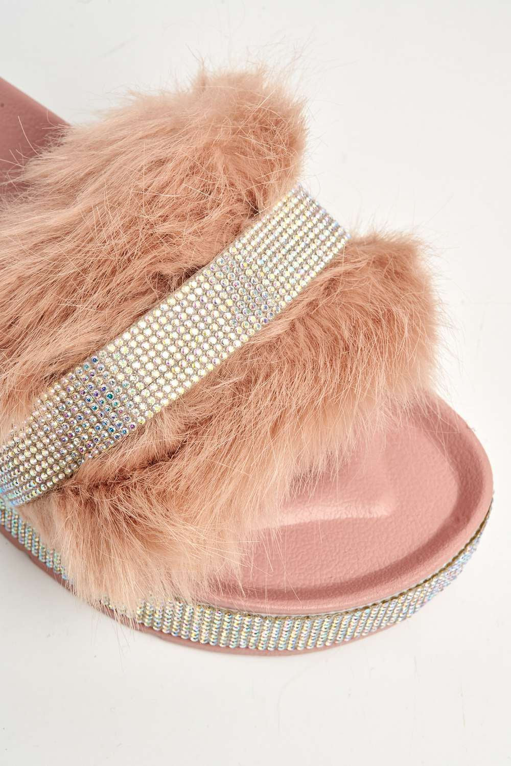 Lula Diamante Embellished Furry Band Rubber Sliders in Pink - Image 6