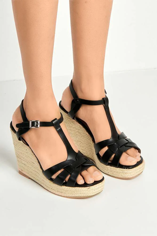 Lulu 3-Strap Open Toe Anklestrap Wedges in Black - Image 3