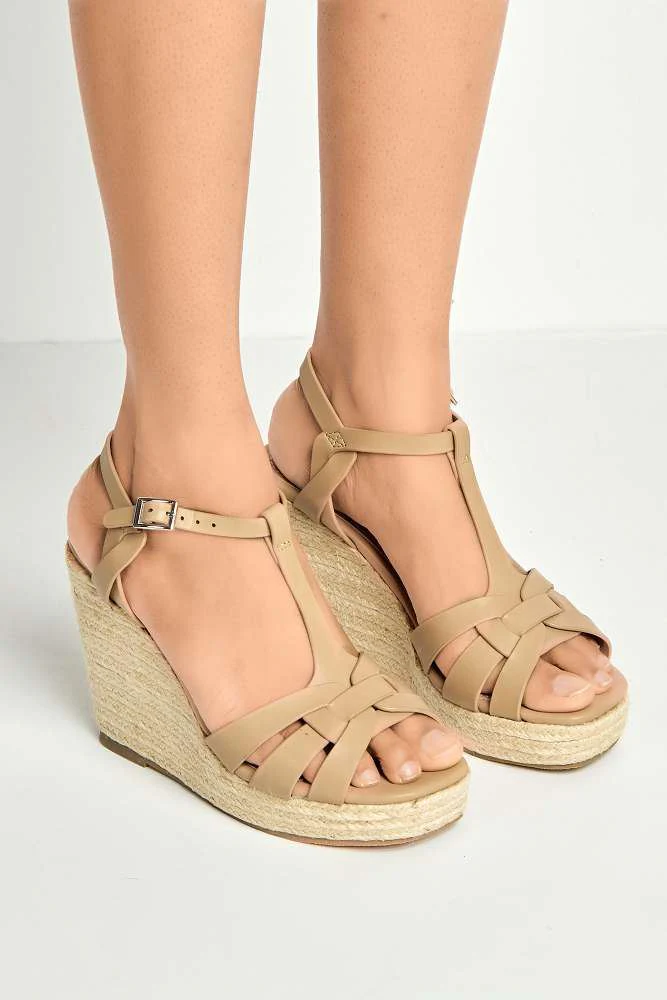Lulu 3-Strap Open Toe Anklestrap Wedges in Nude - Image 3