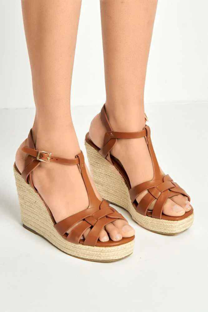 Lulu 3-Strap Open Toe Anklestrap Wedges in Tan - Image 3