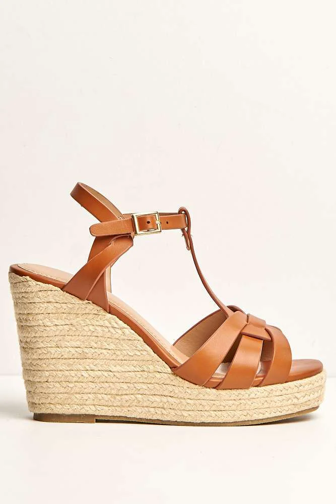 Lulu 3-Strap Open Toe Anklestrap Wedges in Tan - Image 4