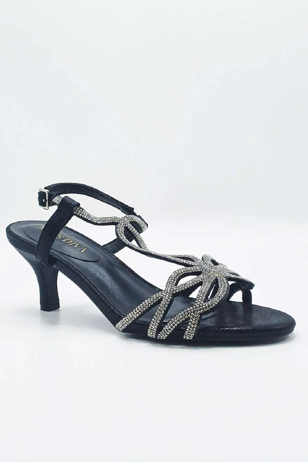 Lumina Low Heel Diamante Swirl Sandal in Black - Image 3