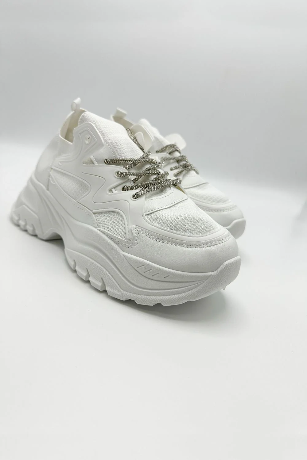 Luna Diamante Lace-Up Chunky Trainers in White - Image 3