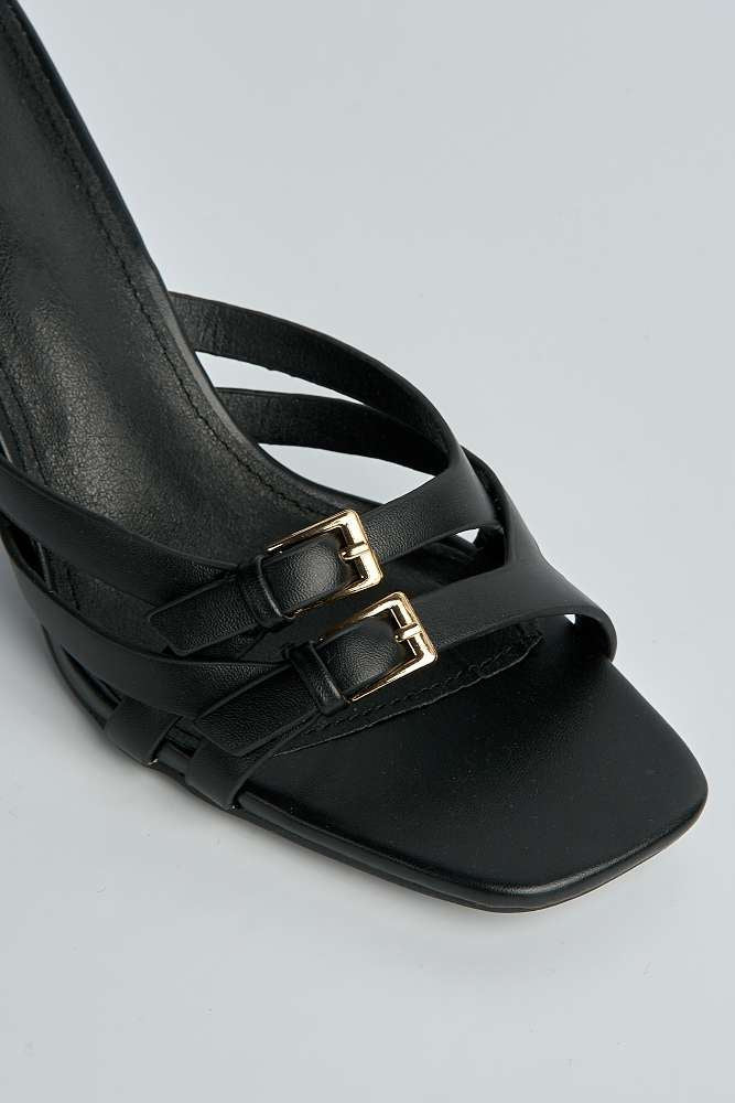 Mae Buckle Strappy Heeled Mules in Black - Image 5
