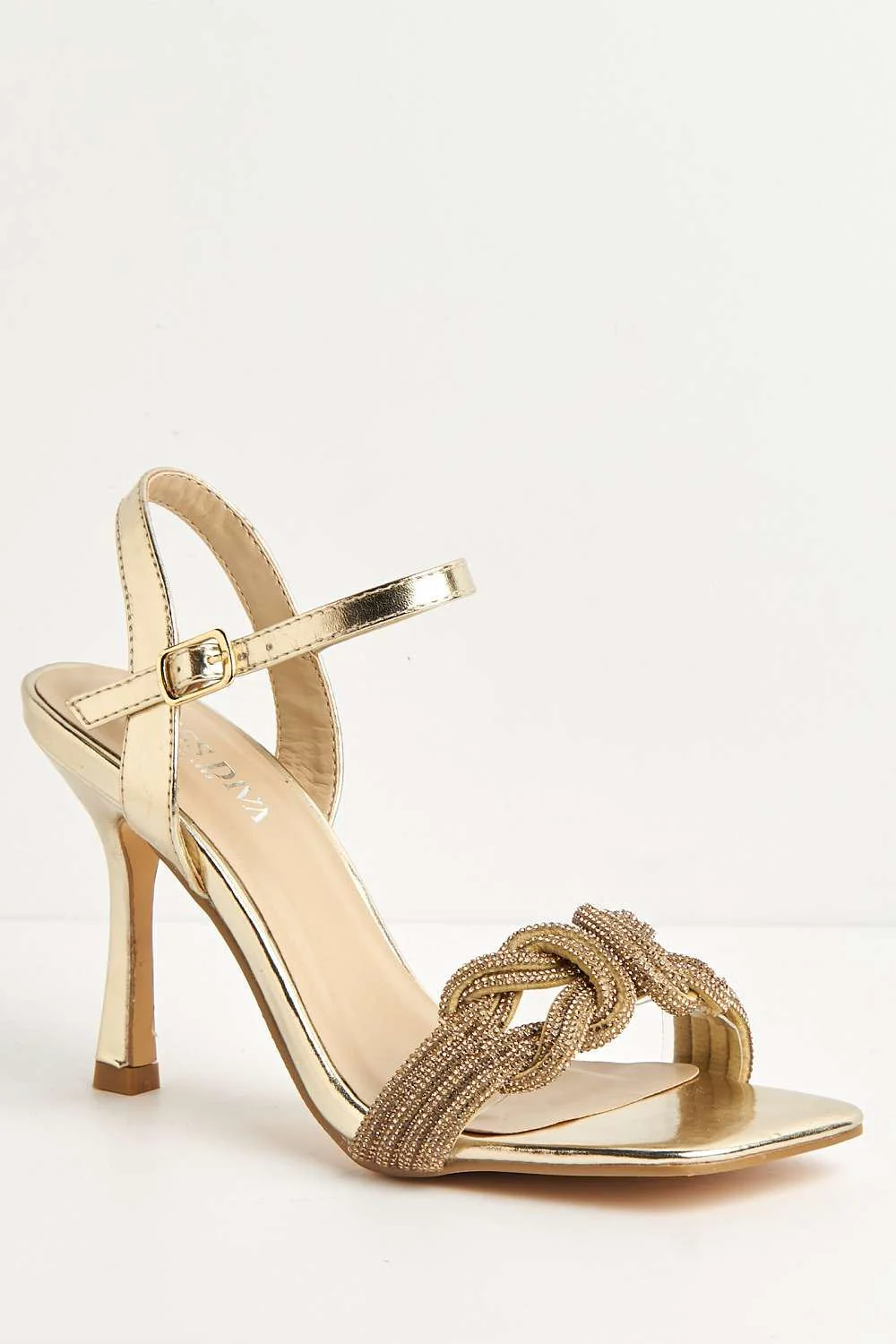 Manal Diamante Strap Square Toe Heeled Sandals in Gold - Image 4