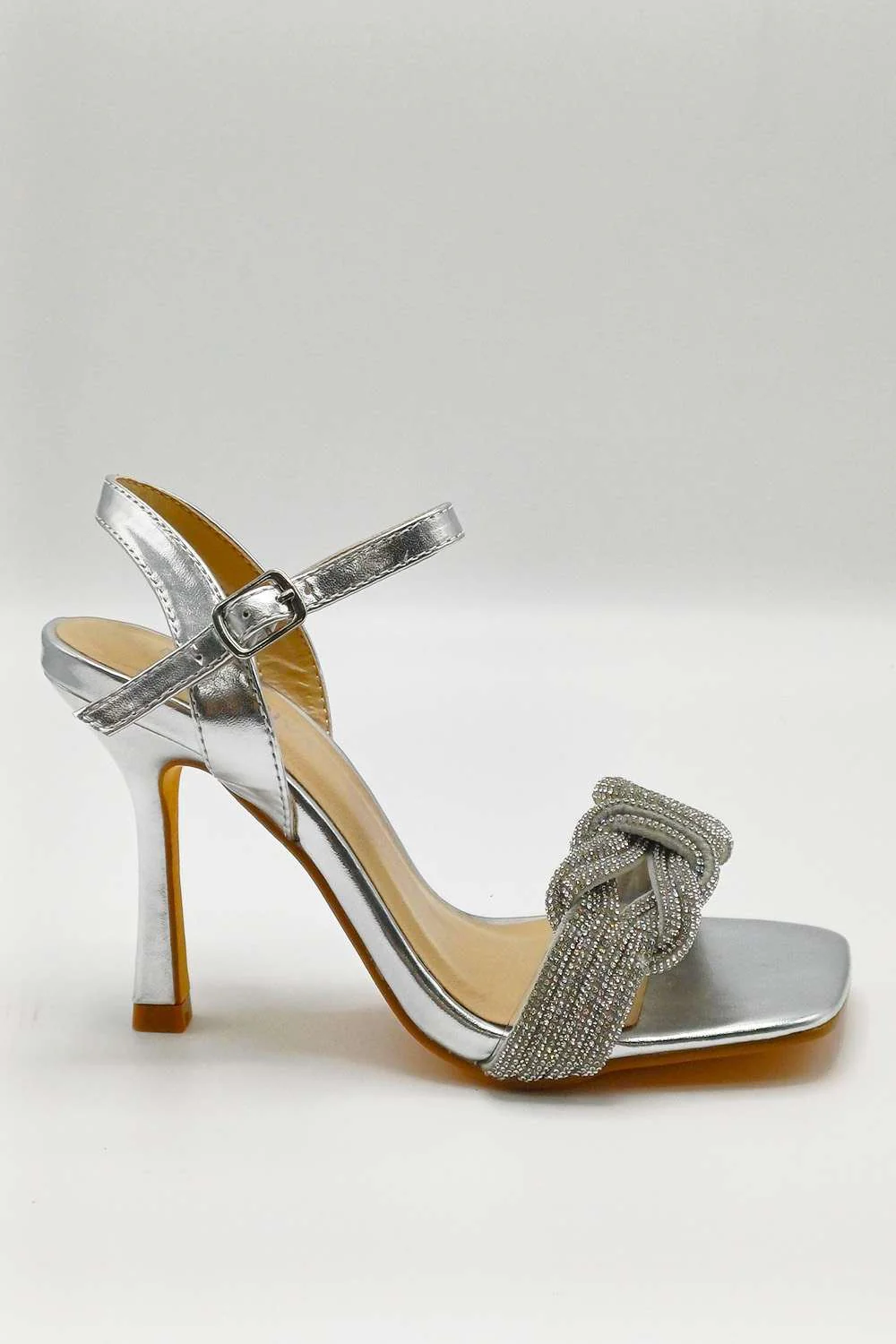 Manal Diamante Strap Square Toe Heeled Sandals in Silver - Image 3