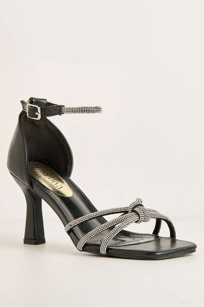 Mara Diamante 3 Strap Knotted Sandals in Black - Image 4
