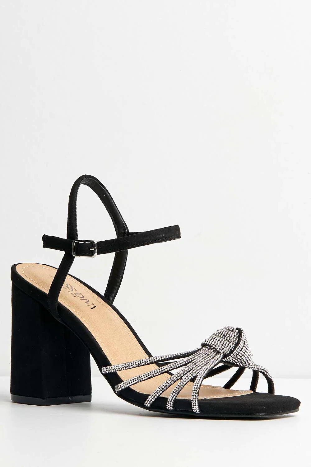 Marina Diamante Embellished Knot Band Sandal in Black Suede - Image 4