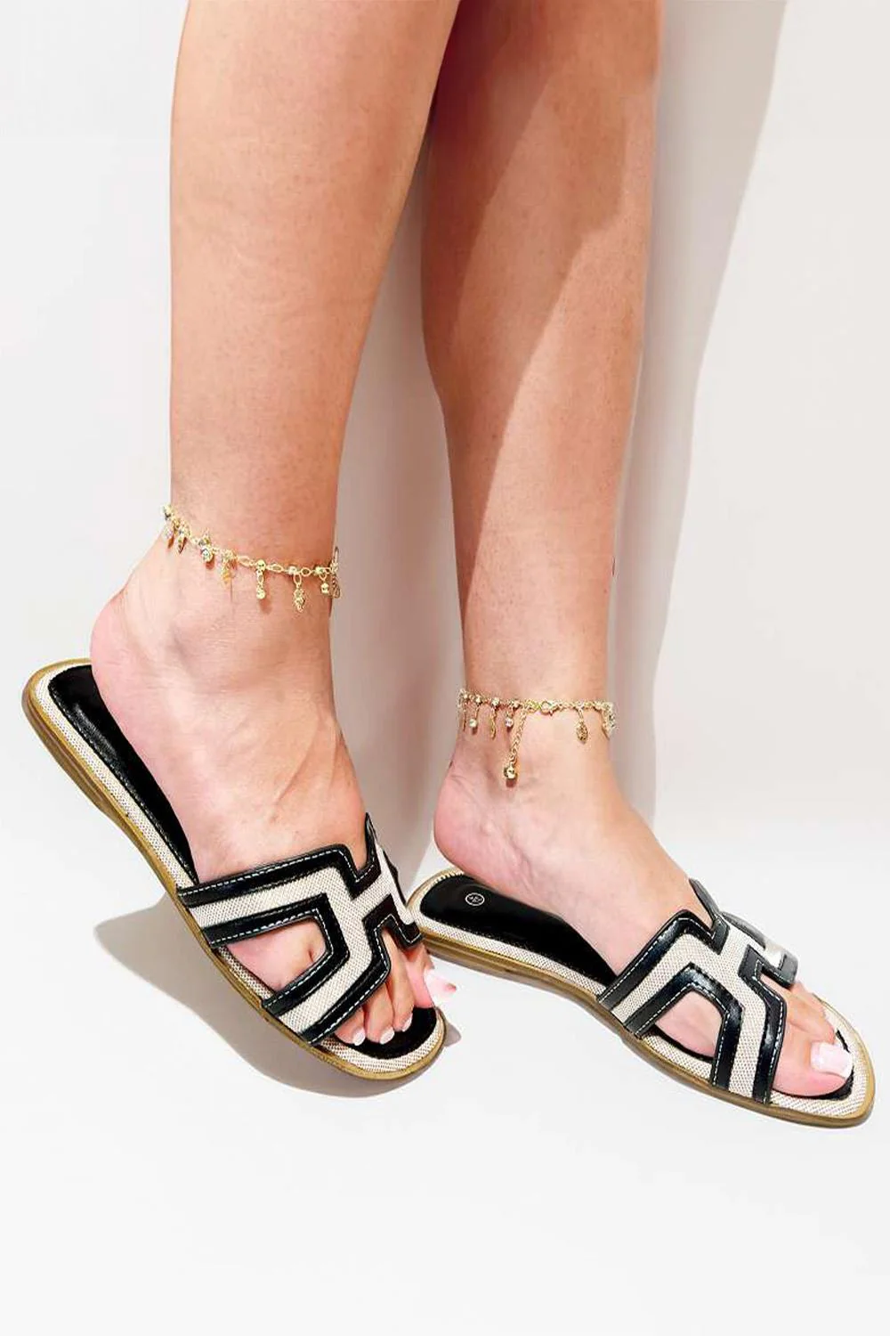 Marla Piping Detail Cut Out Sliders in Black - Image 2
