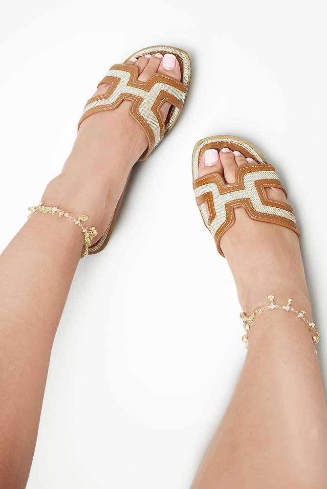 Marla Piping Detail Cut Out Sliders in Tan - Image 3