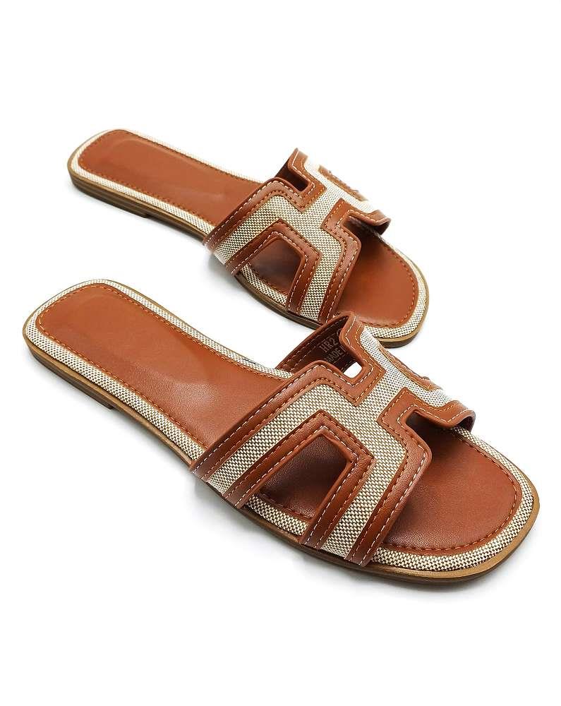 Marla Piping Detail Cut Out Sliders in Tan - Image 6