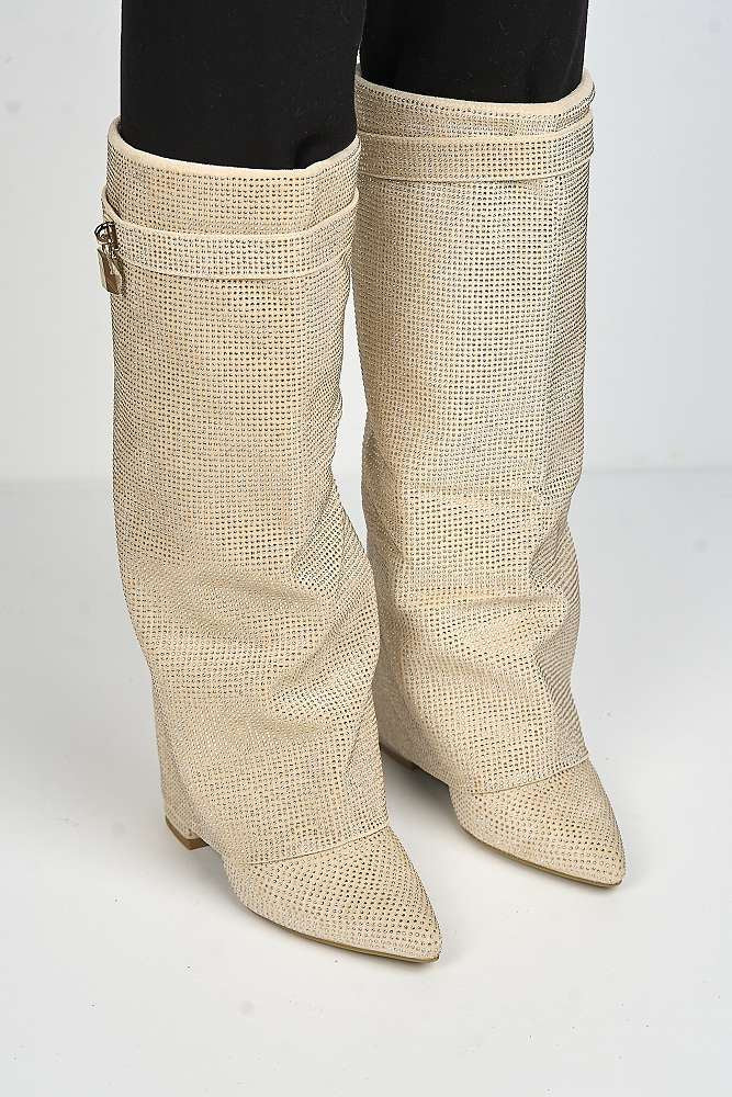 Marlowe Gemstone Embellished Charm Collar Covered Knee High Boots in Beige