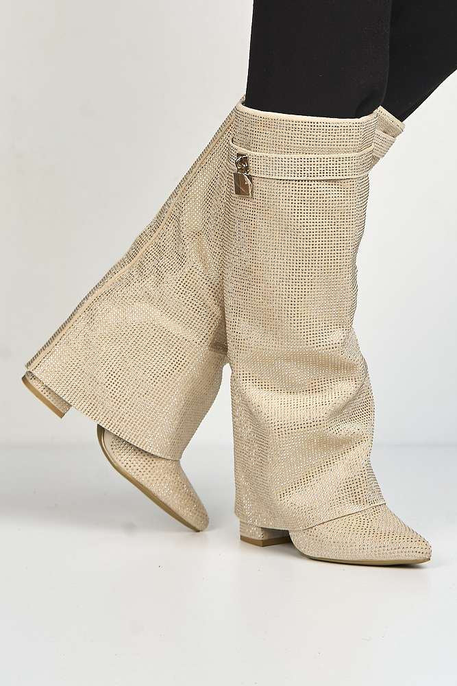 Marlowe Gemstone Embellished Charm Collar Covered Knee High Boots in Beige - Image 2