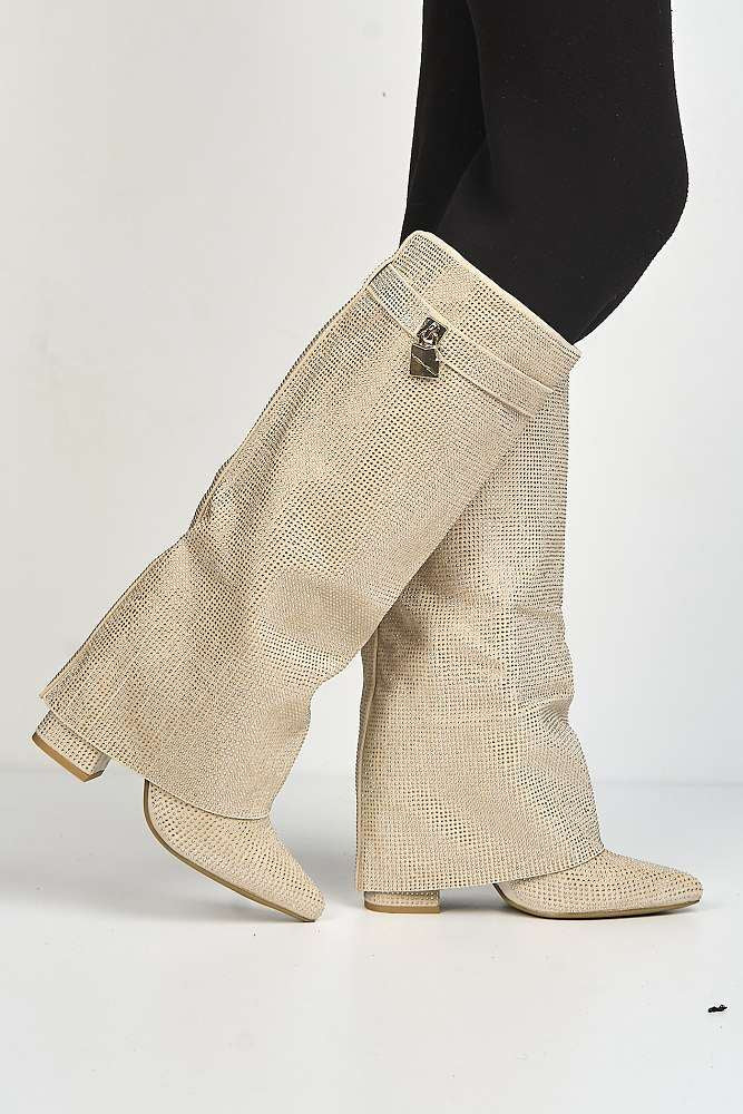 Marlowe Gemstone Embellished Charm Collar Covered Knee High Boots in Beige - Image 3