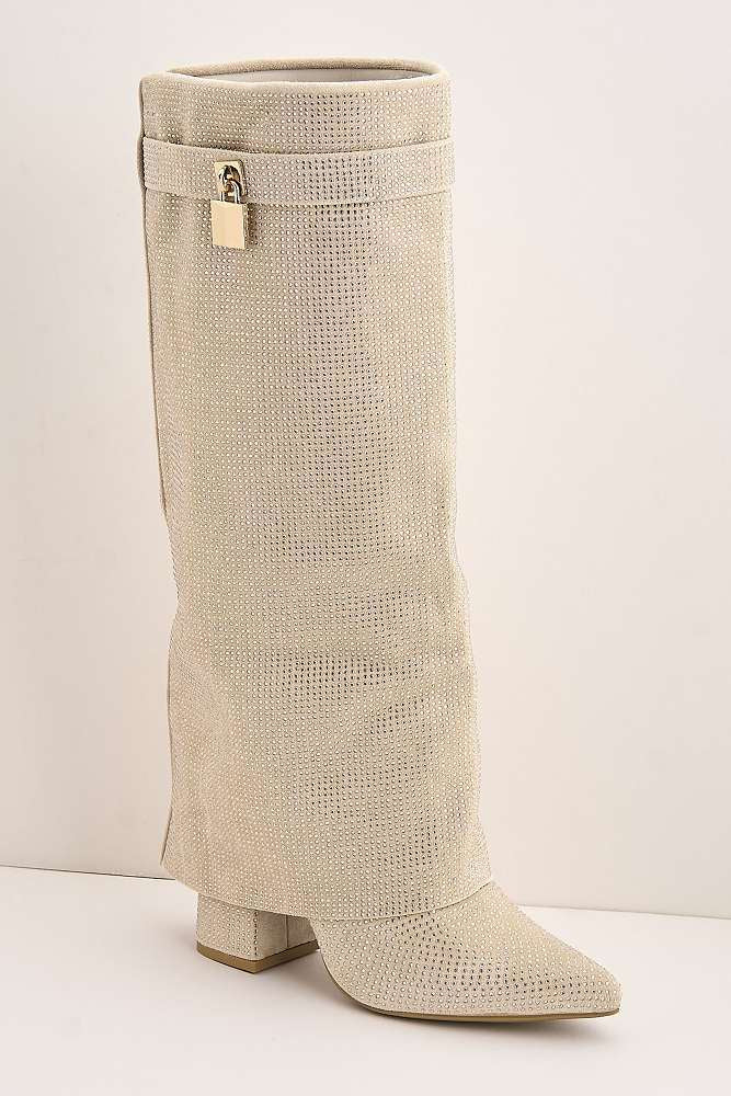 Marlowe Gemstone Embellished Charm Collar Covered Knee High Boots in Beige - Image 4