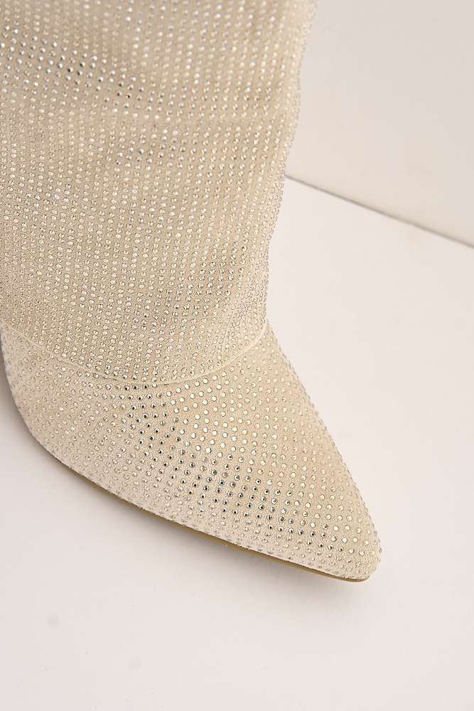 Marlowe Gemstone Embellished Charm Collar Covered Knee High Boots in Beige - Image 5