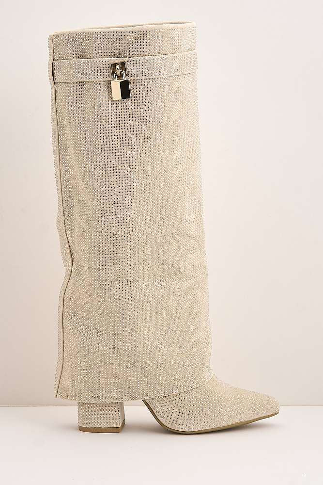Marlowe Gemstone Embellished Charm Collar Covered Knee High Boots in Beige - Image 6
