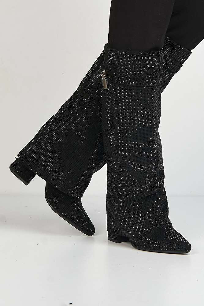 Marlowe Gemstone Embellished Charm Collar Covered Knee High Boots in Black - Image 2