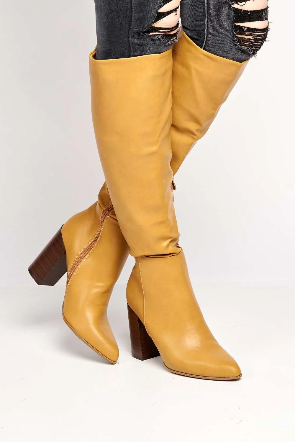 Marsia Pointed Toe Block Heel Knee High Boots in Camel