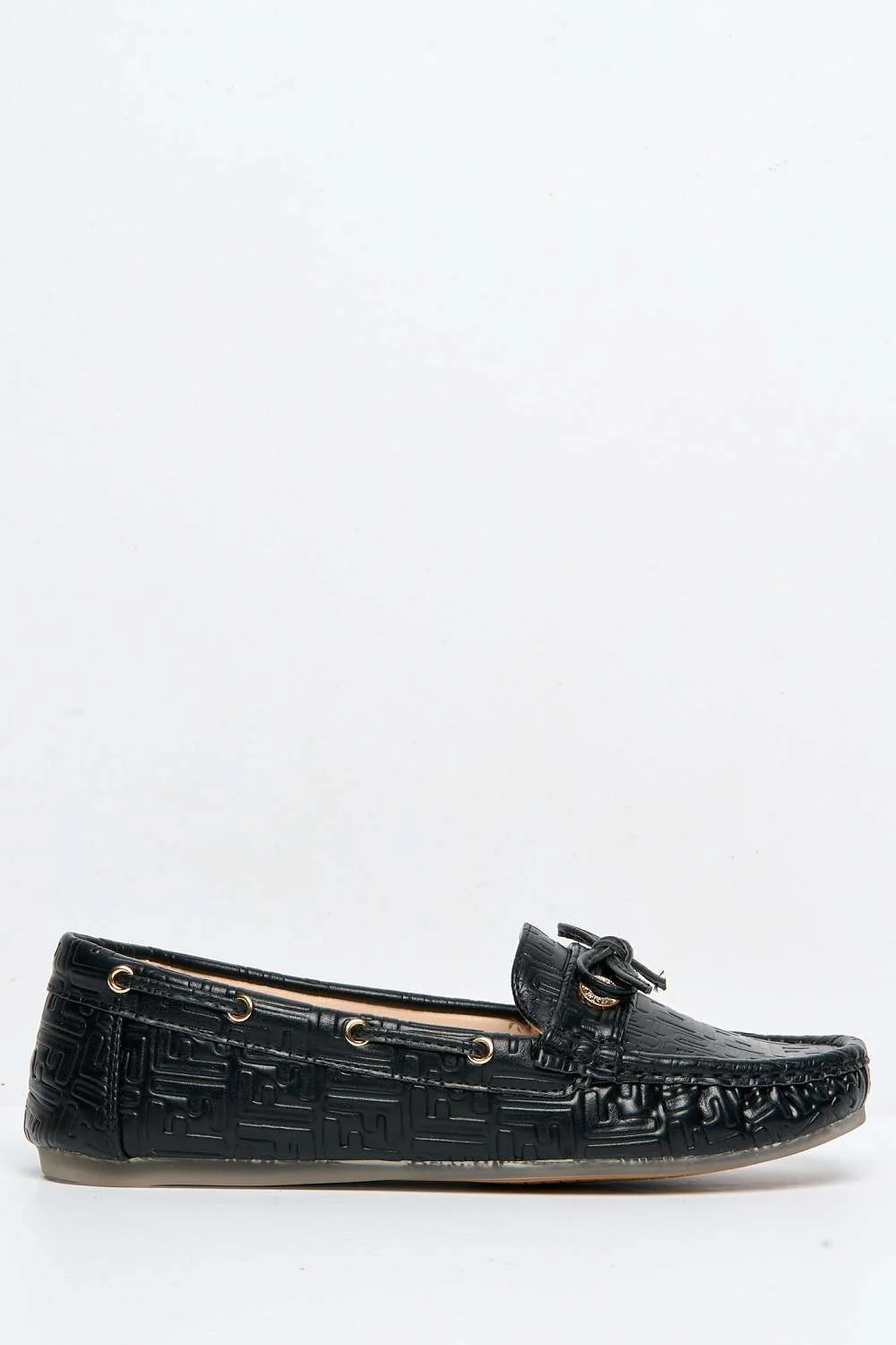 Marvi Bow Detail Patterned Flat Loafers in Black - Image 5