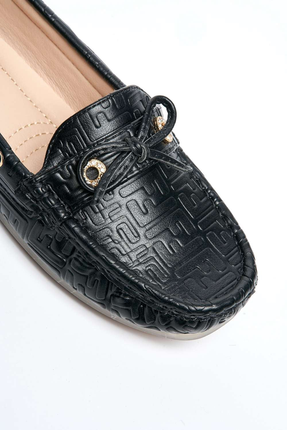 Marvi Bow Detail Patterned Flat Loafers in Black - Image 6