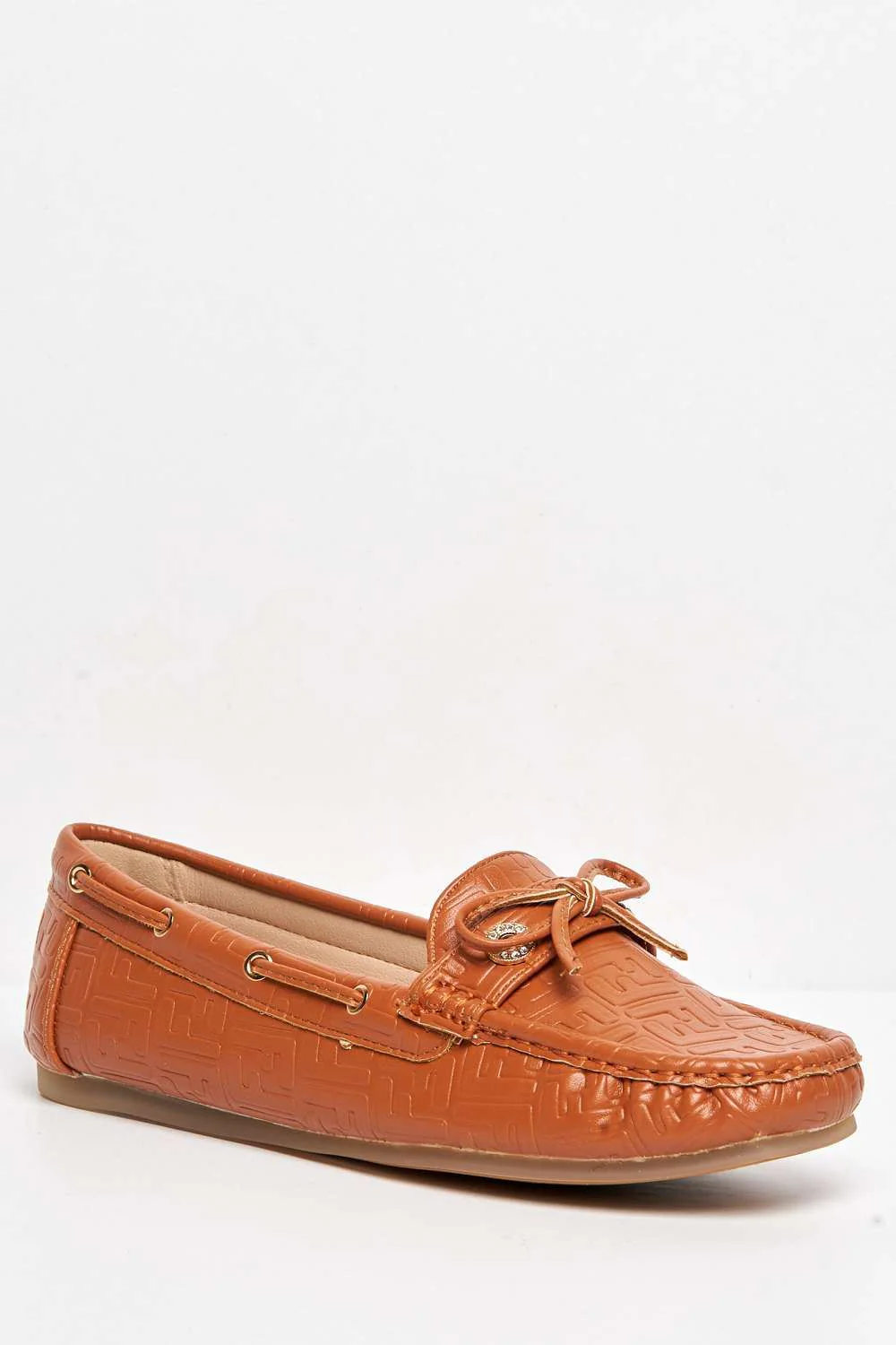Marvi Bow Detail Patterned Flat Loafers in Camel - Image 4