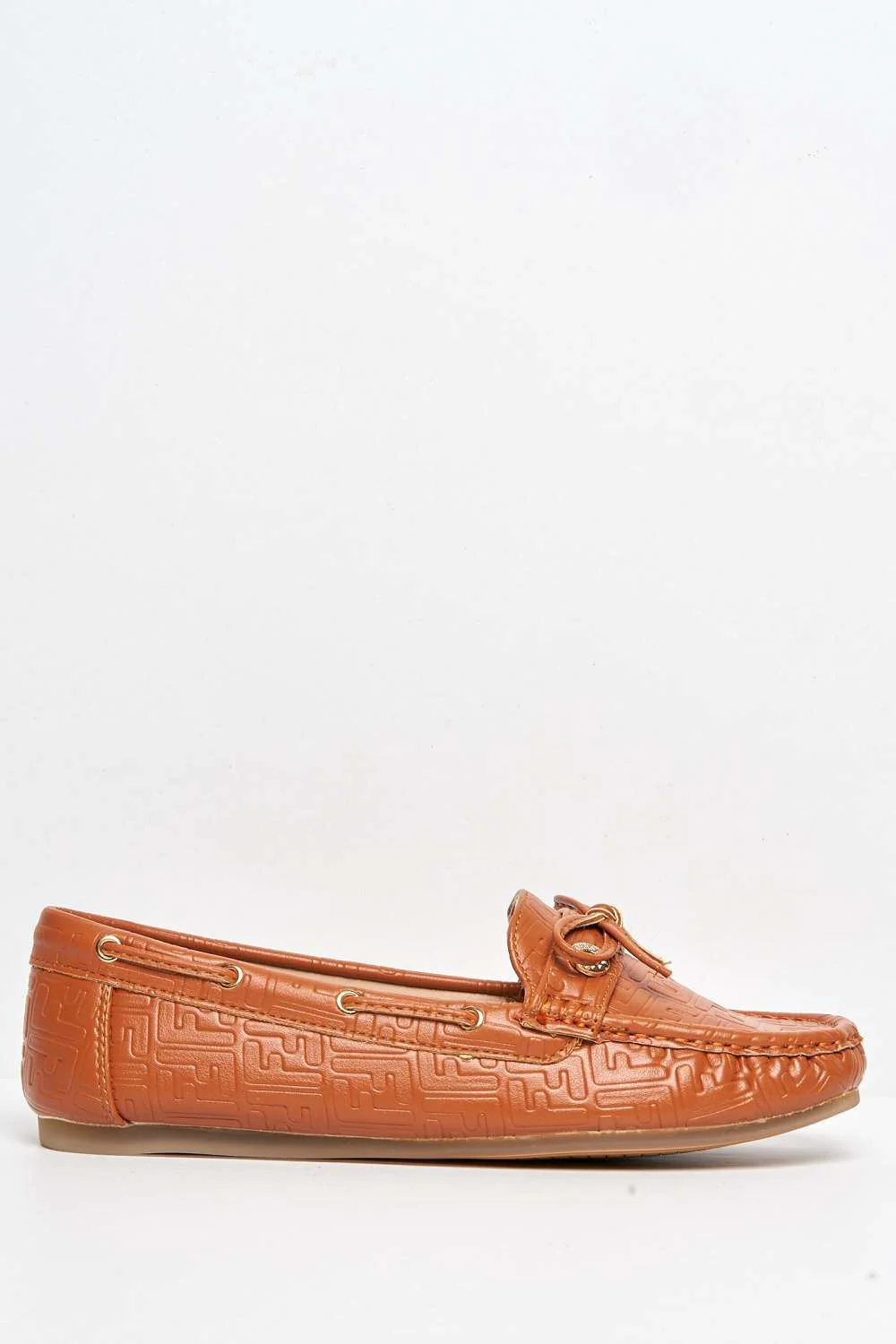 Marvi Bow Detail Patterned Flat Loafers in Camel - Image 5
