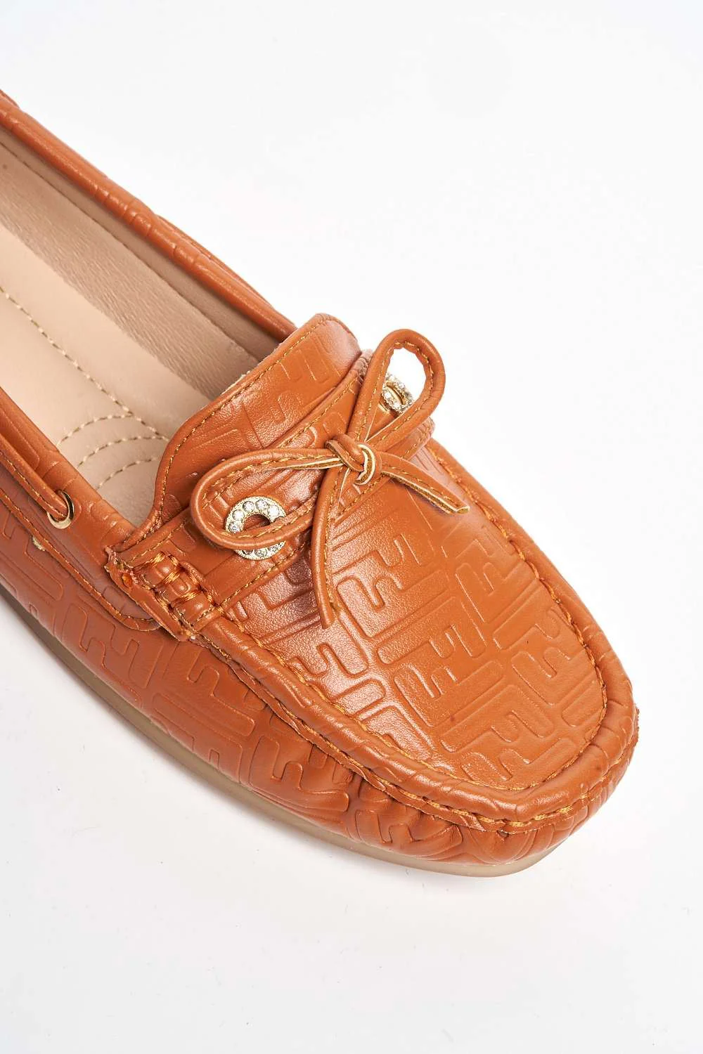 Marvi Bow Detail Patterned Flat Loafers in Camel - Image 6