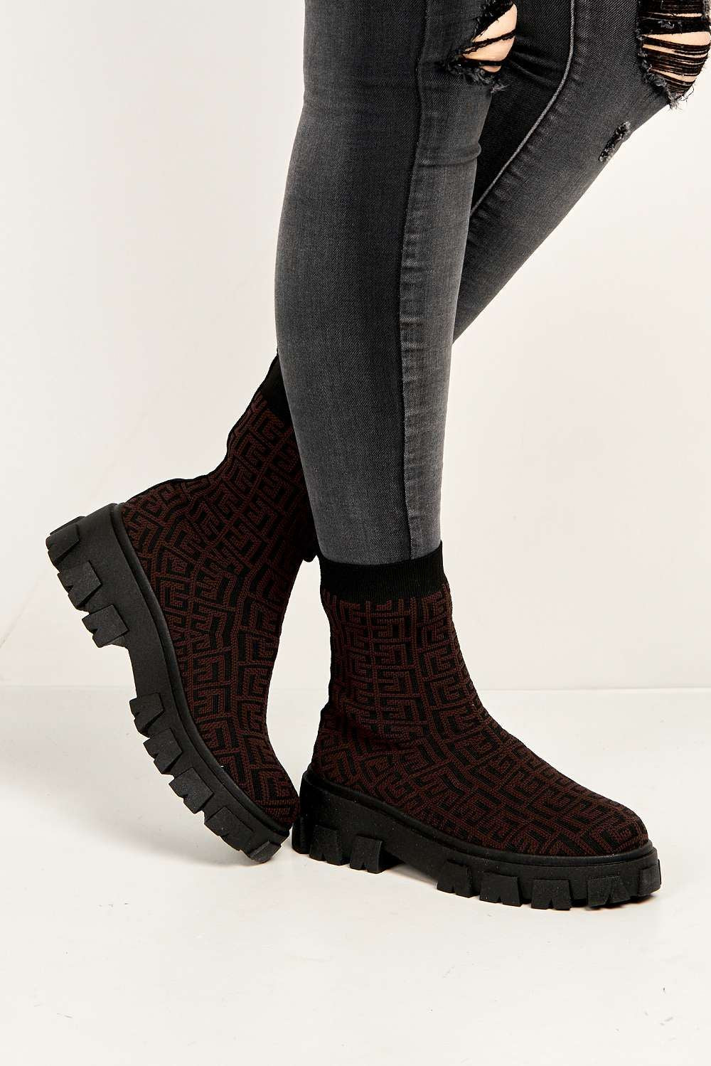 Mattie Geometric Print Chunky Sole Ankle High Sock Boots in Brown