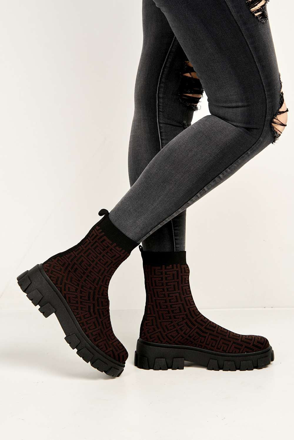 Mattie Geometric Print Chunky Sole Ankle High Sock Boots in Brown - Image 2