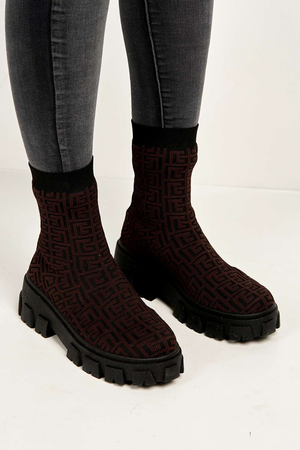 Mattie Geometric Print Chunky Sole Ankle High Sock Boots in Brown - Image 3
