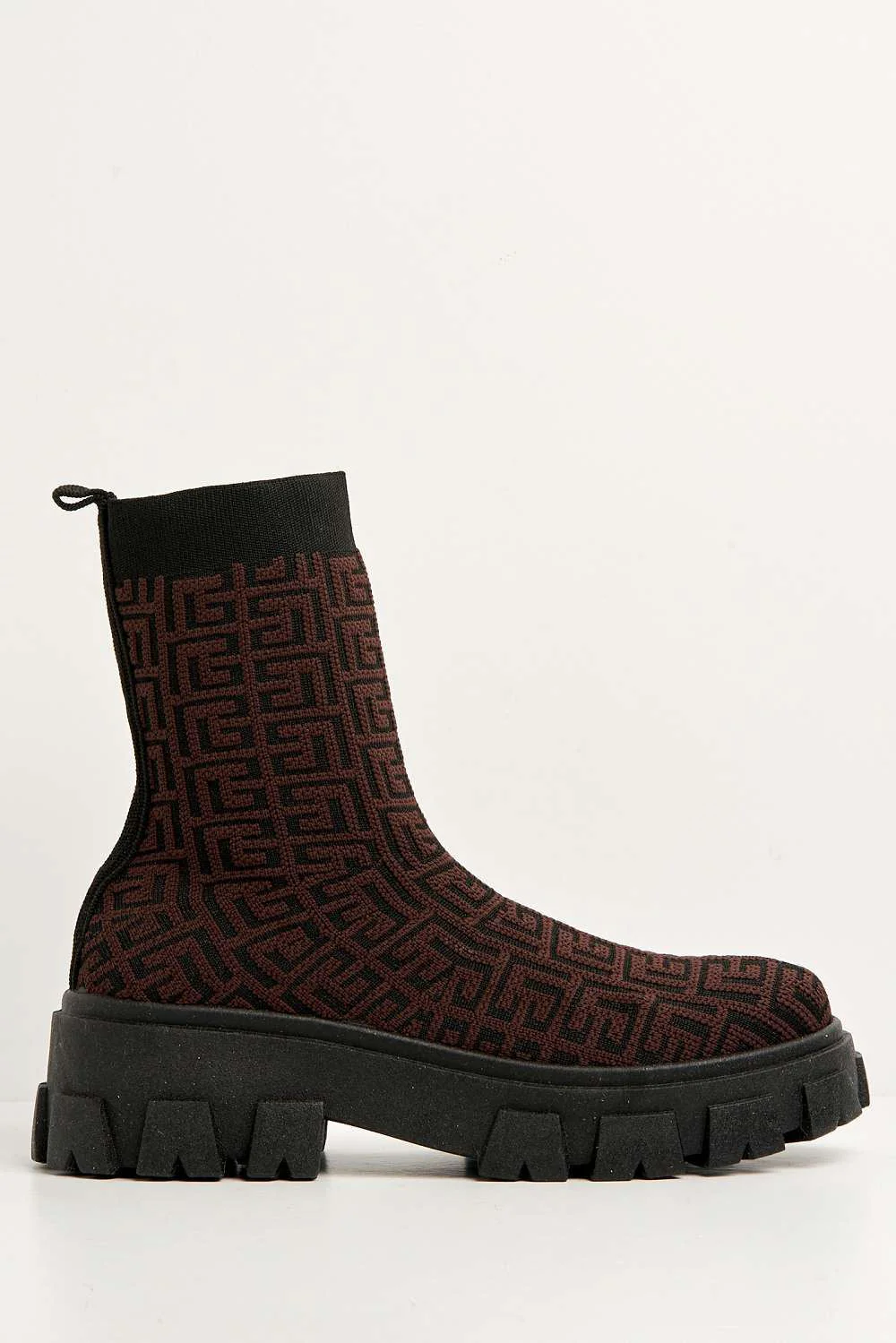 Mattie Geometric Print Chunky Sole Ankle High Sock Boots in Brown - Image 4