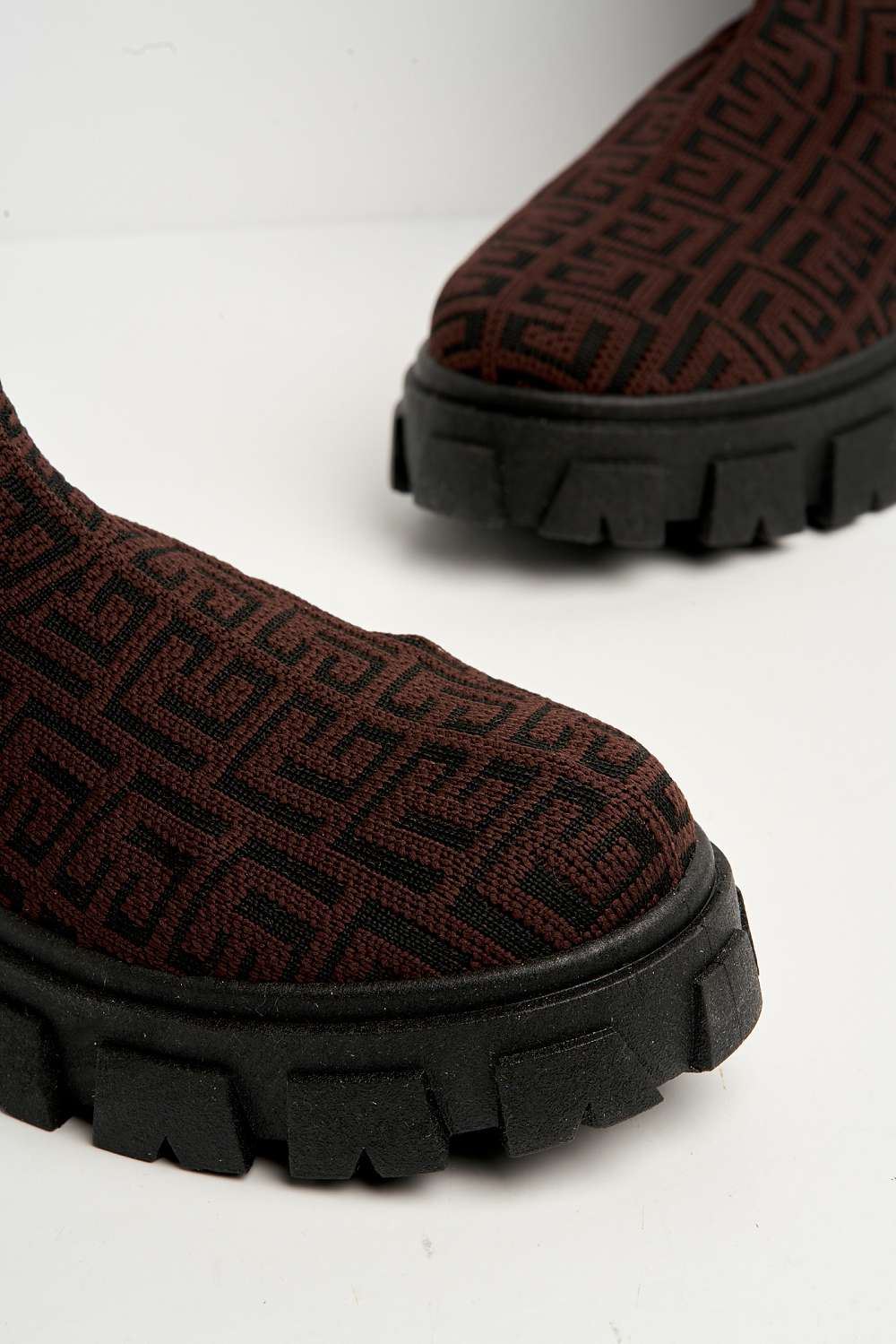 Mattie Geometric Print Chunky Sole Ankle High Sock Boots in Brown - Image 6