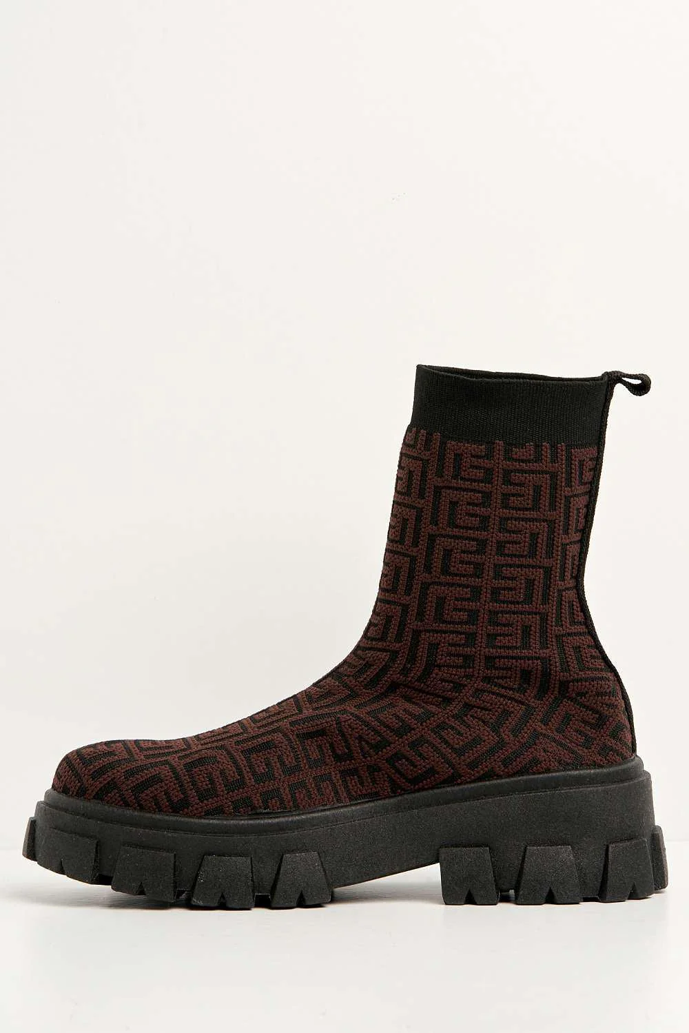 Mattie Geometric Print Chunky Sole Ankle High Sock Boots in Brown - Image 8